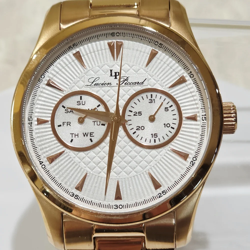 Lucien Piccard STELLAR Men's Wrist Watch Day Date Sub-Dials Rose Gold Pink